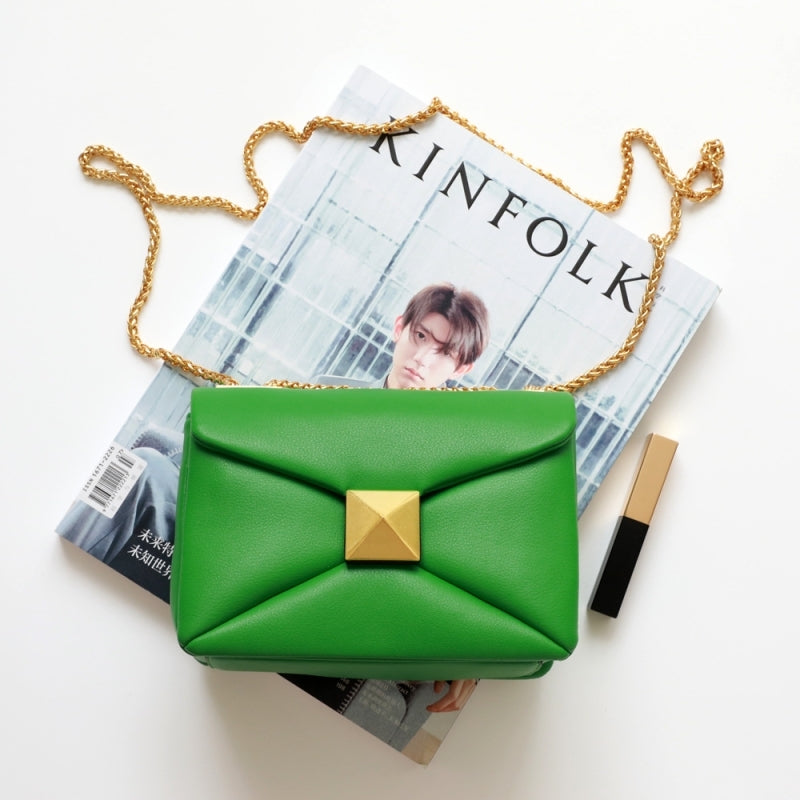 Green Leather Quilted Bag Fashion Rivet Crossbody Chain Bag| PRUSES-1