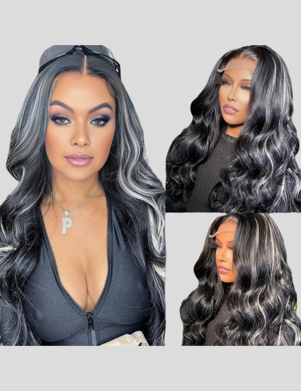 Grey Highlights Body Wave Human Hair Lace Front Wigs 13x4 Lace Frontal Wig-3