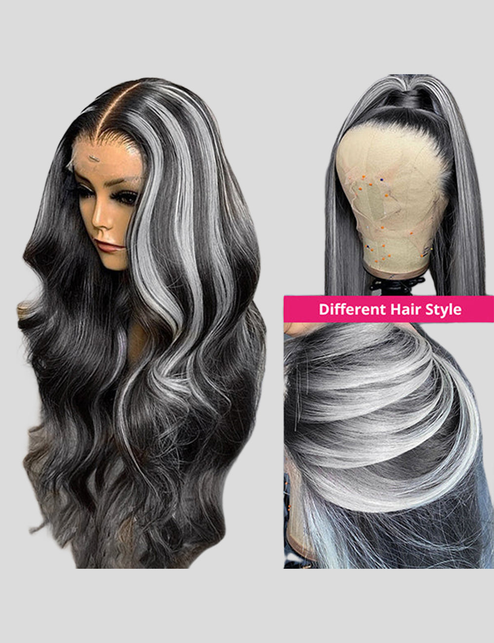 Grey Highlights Body Wave Human Hair Lace Front Wigs 13x4 Lace Frontal Wig-5