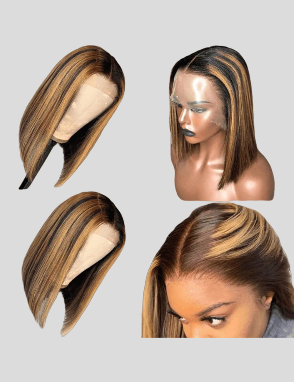 Highlight Bob Wig Honey Blonde Straight Hair Wigs Short Bob Human Hair Wig with Highlights 4x4 Lace Closure Wig P4/27-1