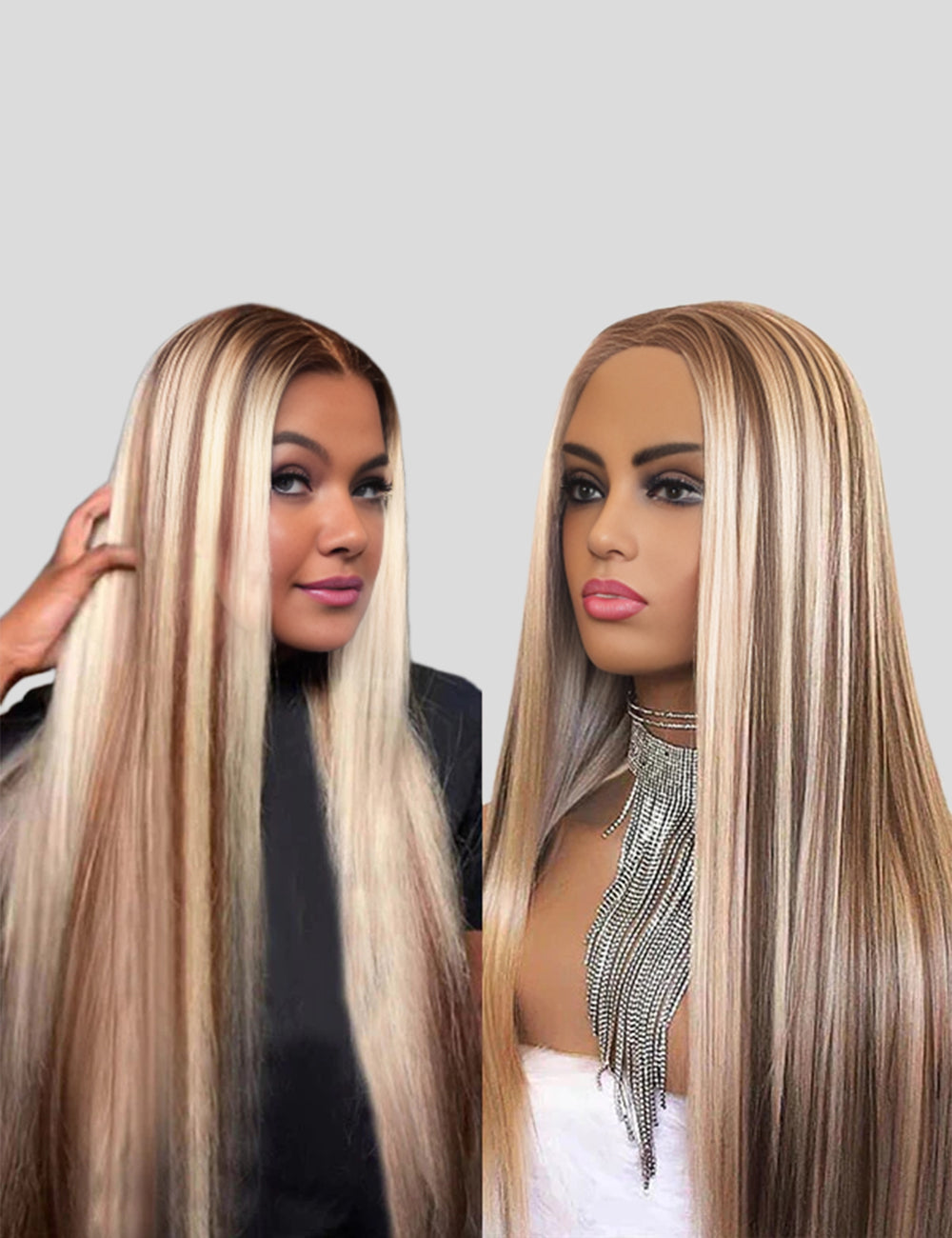 Invisible Knots P4/613 Brown With Blonde Highlighted Glueless Human Hair Wig Straight Hair Wigs-3