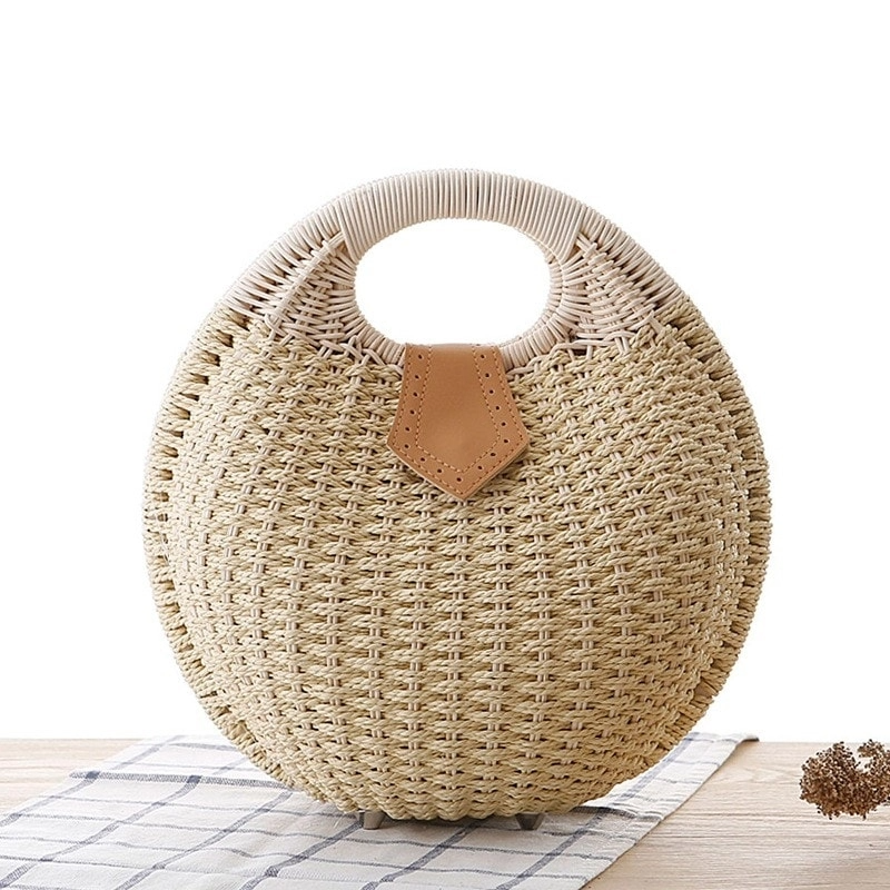 Khaki Beach Bag Woven Round Summer Handbag for Honeymoon | PRUSES