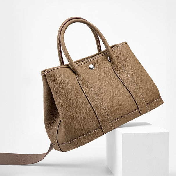 Khaki Leather Tote Bag Wide Strap Crossbody Bucket Bags | PRUSES-2