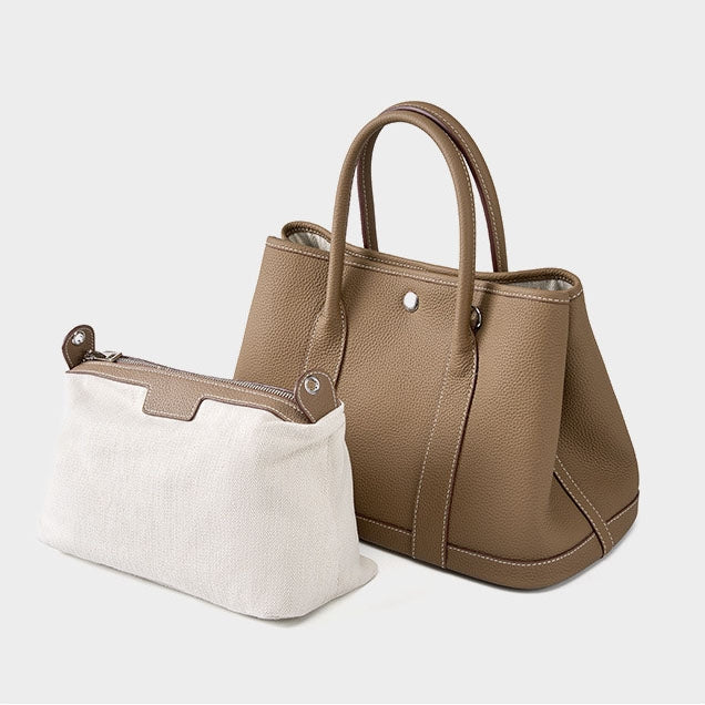 Khaki Leather Tote Bag Wide Strap Crossbody Bucket Bags | PRUSES-5