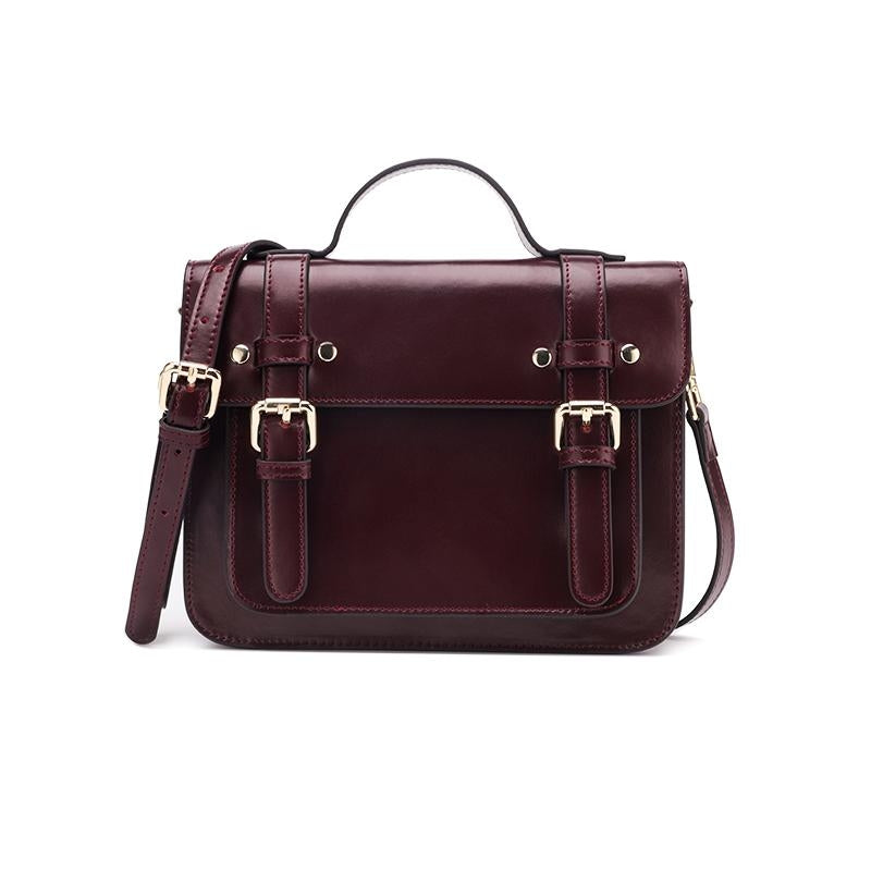 Maroon Retro School Leather Satchel Bag Crossbody Message Bag | PRUSES