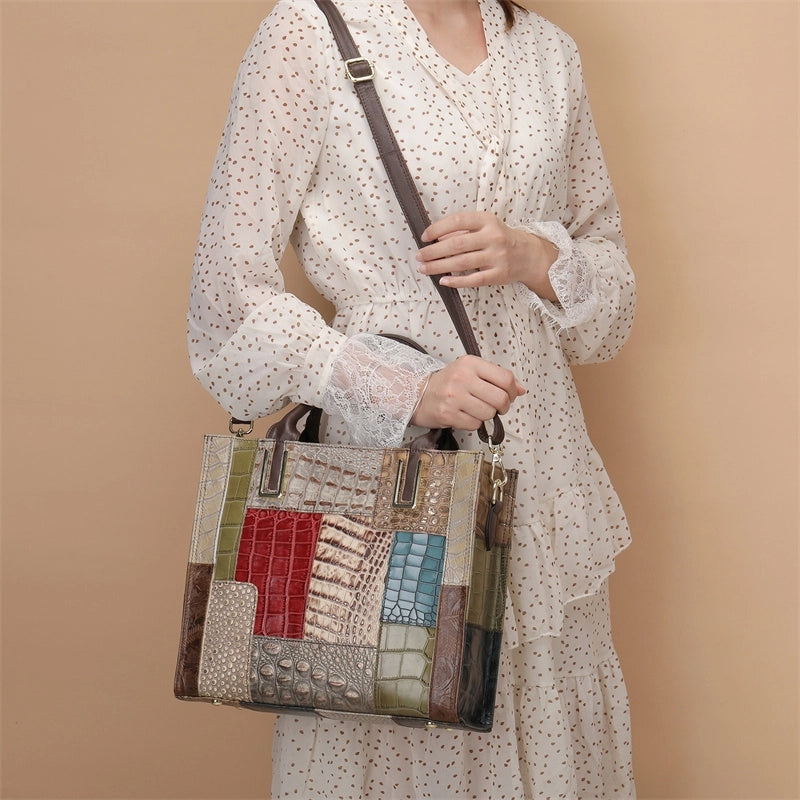 Multicolor Croc Printed Embossing Leather Square Mini Tote Handbag | PRUSES-1