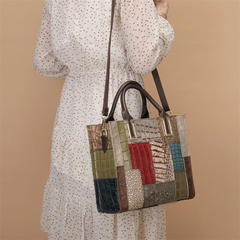 Multicolor Croc Printed Embossing Leather Square Mini Tote Handbag | PRUSES-10