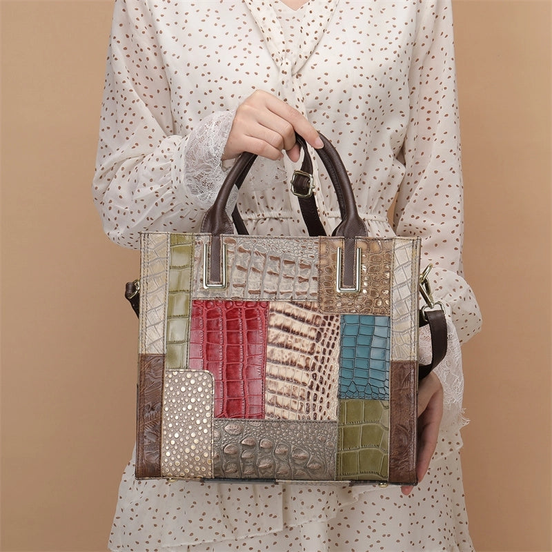 Multicolor Croc Printed Embossing Leather Square Mini Tote Handbag | PRUSES-11
