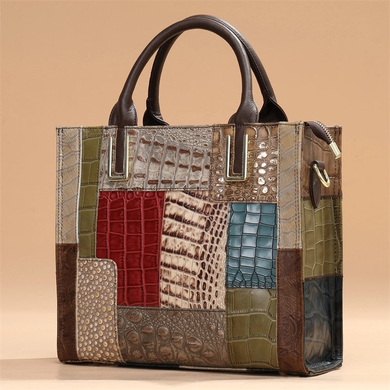 Multicolor Croc Printed Embossing Leather Square Mini Tote Handbag | PRUSES-3