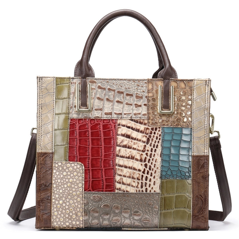 Multicolor Croc Printed Embossing Leather Square Mini Tote Handbag | PRUSES