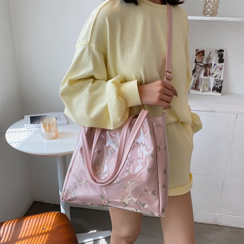 Pink Clear Tote Bag Flower Printed Crossbody Tote with Removable Strap| PRUSES-7