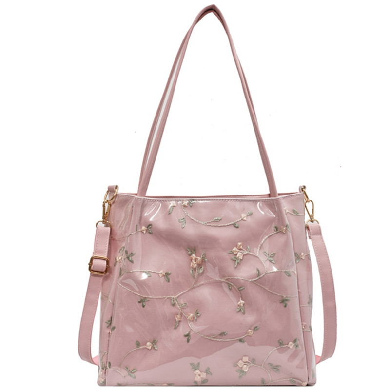 Pink Clear Tote Bag Flower Printed Crossbody Tote with Removable Strap| PRUSES