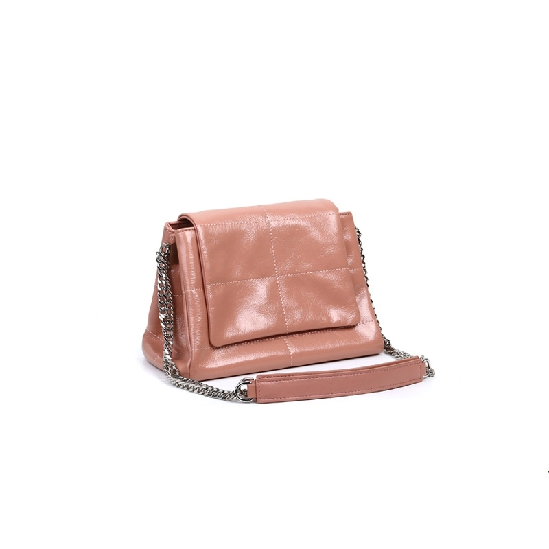 Pink Oiled Leather Chain Crossbody Purse Flap Shoulder Bag
