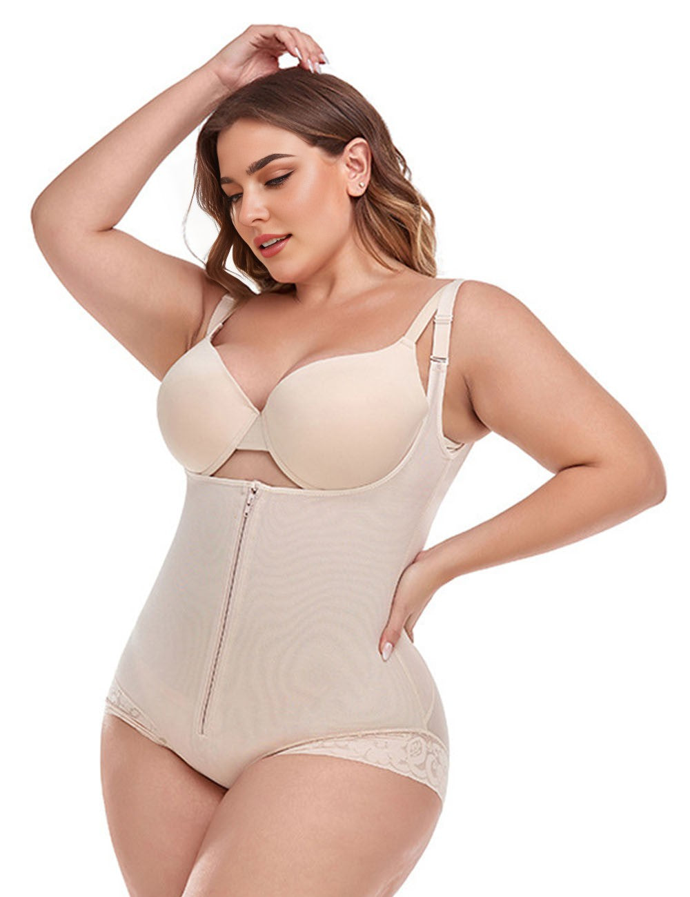 Plus Size Tummy Control Zipper Beige Shapewear
