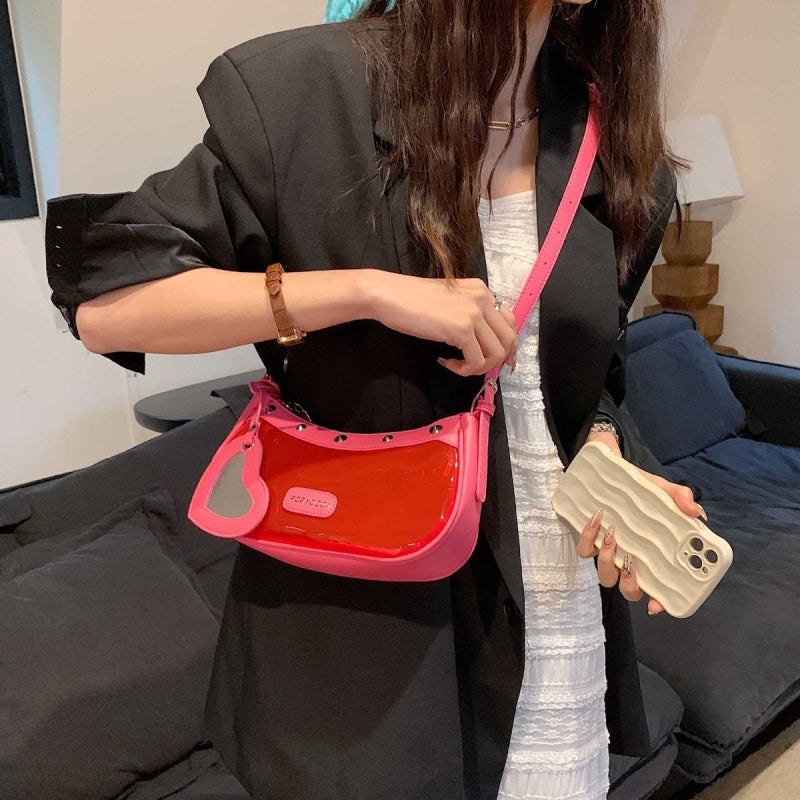 Red Rivet Clear Jelly Hobo Bag Studded Heart Charm Crossbody Purse| PRUSES-3