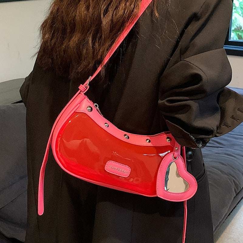 Red Rivet Clear Jelly Hobo Bag Studded Heart Charm Crossbody Purse| PRUSES-5