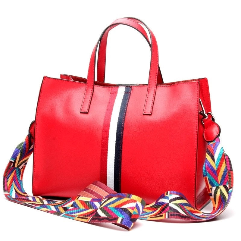 Red Tri-color Stripe Leather Handbags | PRUSES