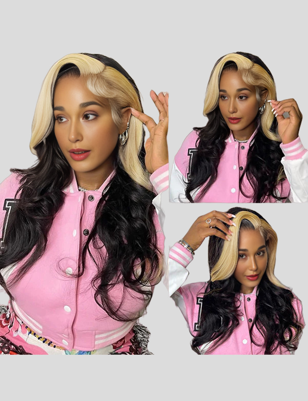 Skunk Stripe Hair Body Wave Front Wigs 30 Inch Lace Front Wigs with Baby Hair Colored Human Hair Wigs-2