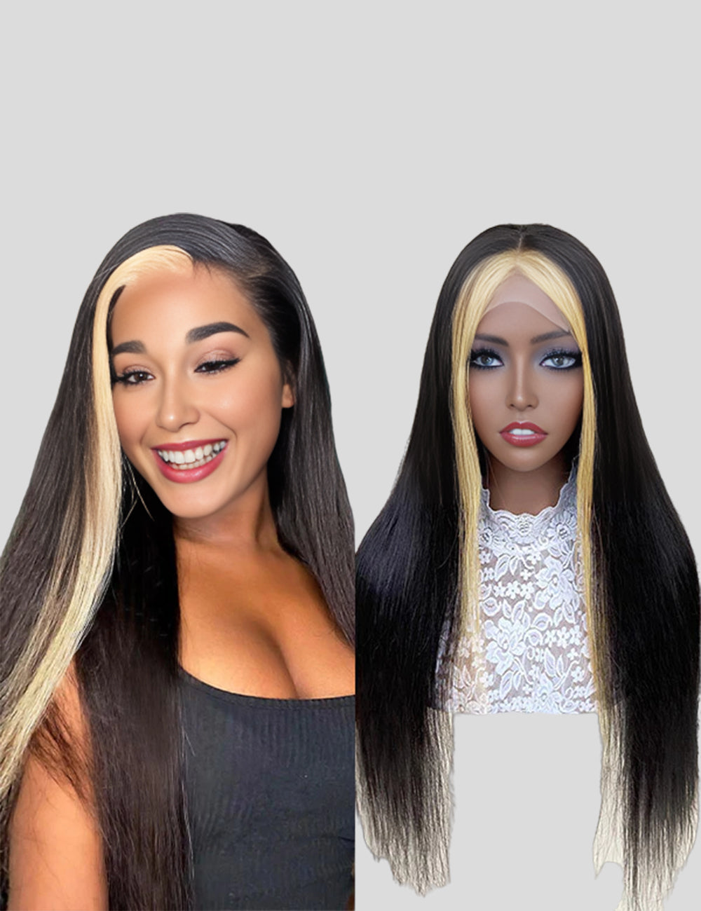 Skunk Stripe Wig HD Lace Front Wigs Highlight Straight Human Hair Wigs-1