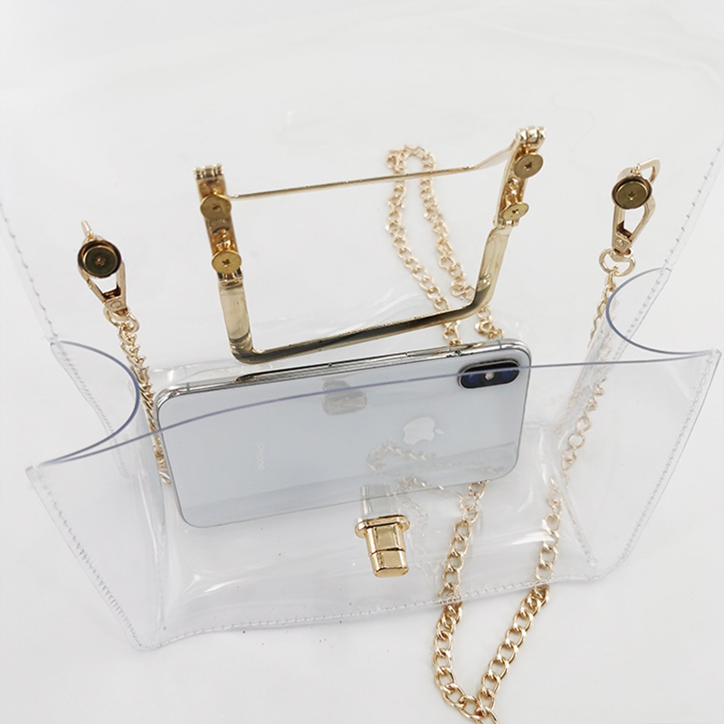 Small Clear Jelly Handbags Top Handle Twist Lock Flap Crossbody Purse with Chain | PRUSES-5