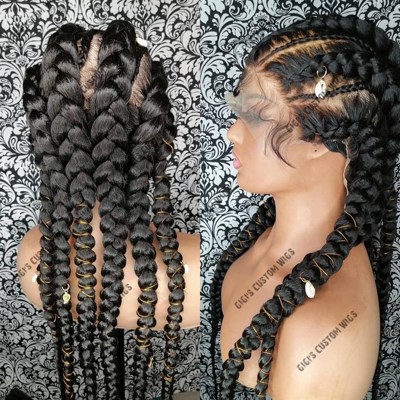 Stitch Feed-In Braids Full Lace Wig Braided Cornrow Wig With Hair Jewelry