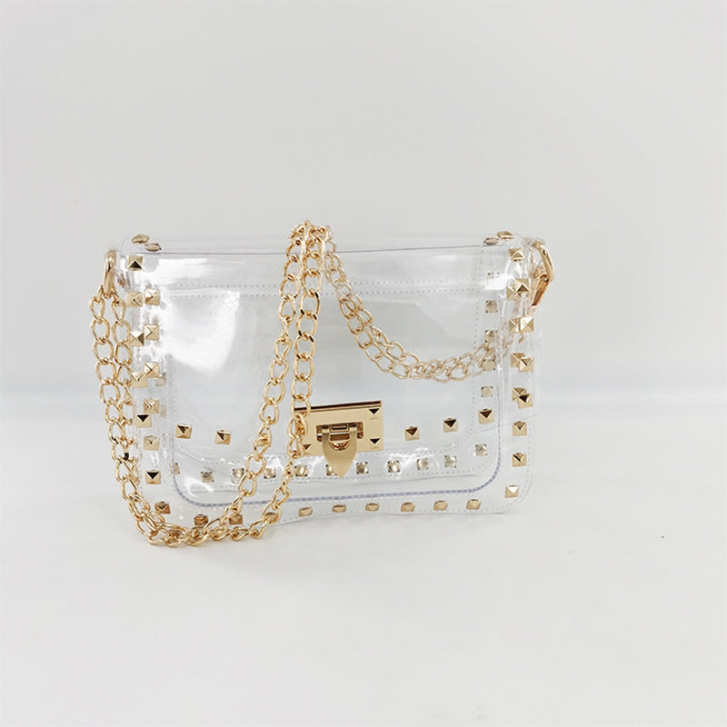 Studded Rivet Flap Clear Shoulder Bag Crossbody Purse with Chain Strap| PRUSES