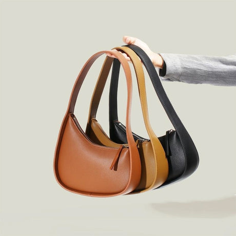 Tan Genuine Leather Half Moon Handbags Shoulder Bag With Zipper | PRUSES-1