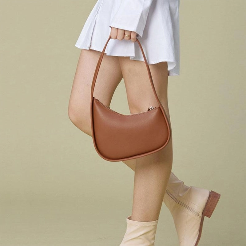 Tan Genuine Leather Half Moon Handbags Shoulder Bag With Zipper | PRUSES-3