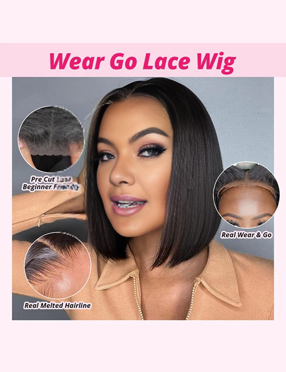 Wear Go Invisible Knots Glueless Wigs Short Straight Bob Wig 5x5 Lace Closure Pre Cut Wigs-6