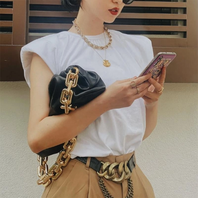 White Chain Brown Over Size Genuine Leather Pouch Bag Slouchy Clutches-2