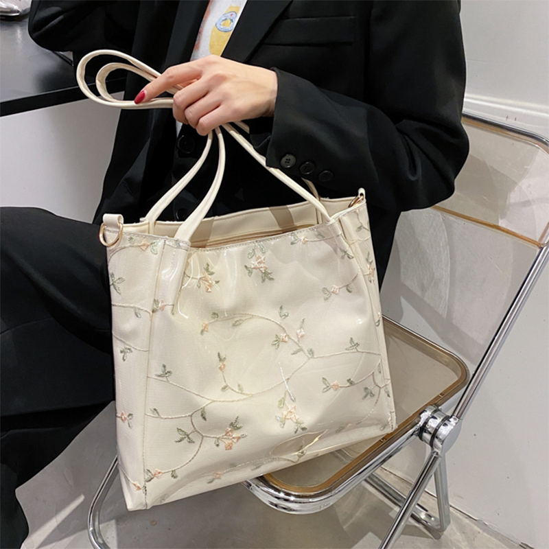 White Clear Tote Bag Flower Printed Crossbody Tote with Removable Strap| PRUSES-4