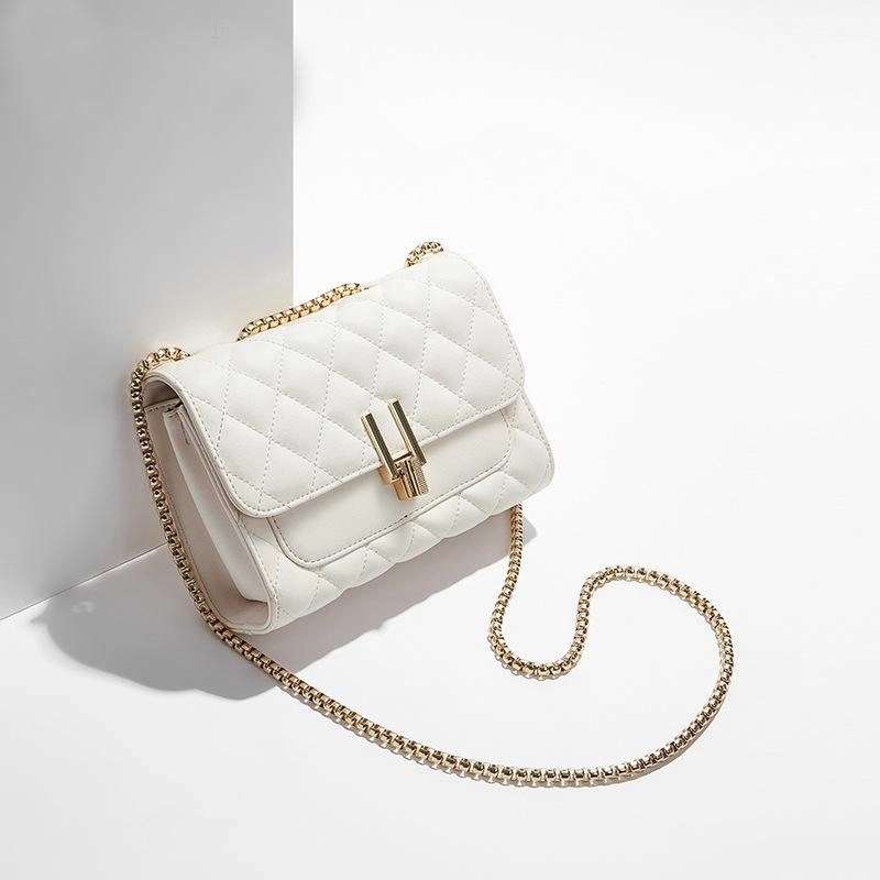 White Flap Quilted Work Bag Leather Shoulder Bags with Chain Strap-2