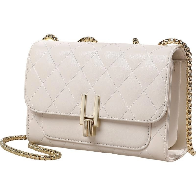 White Flap Quilted Work Bag Leather Shoulder Bags with Chain Strap-4