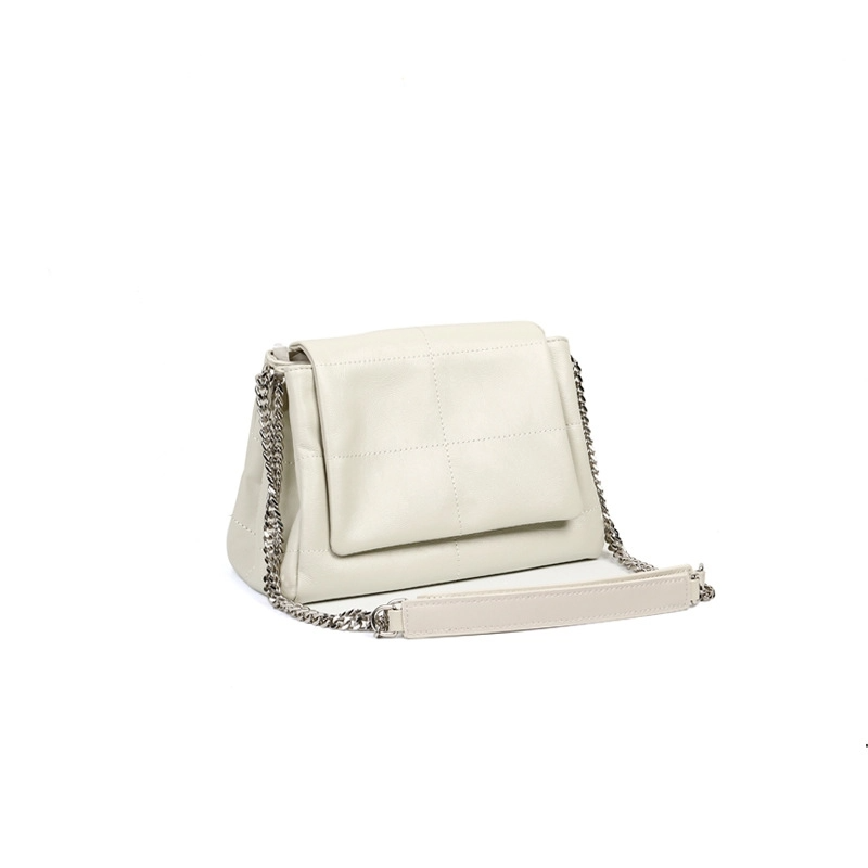 White Oiled Leather Chain Crossbody Purse Flap Shoulder Bag| PRUSES