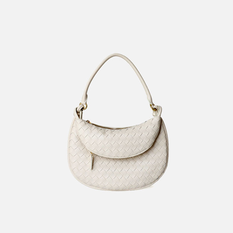 White Woven Leather Flap Over The Shoulder Bags Moon Purses | PRUSES-1