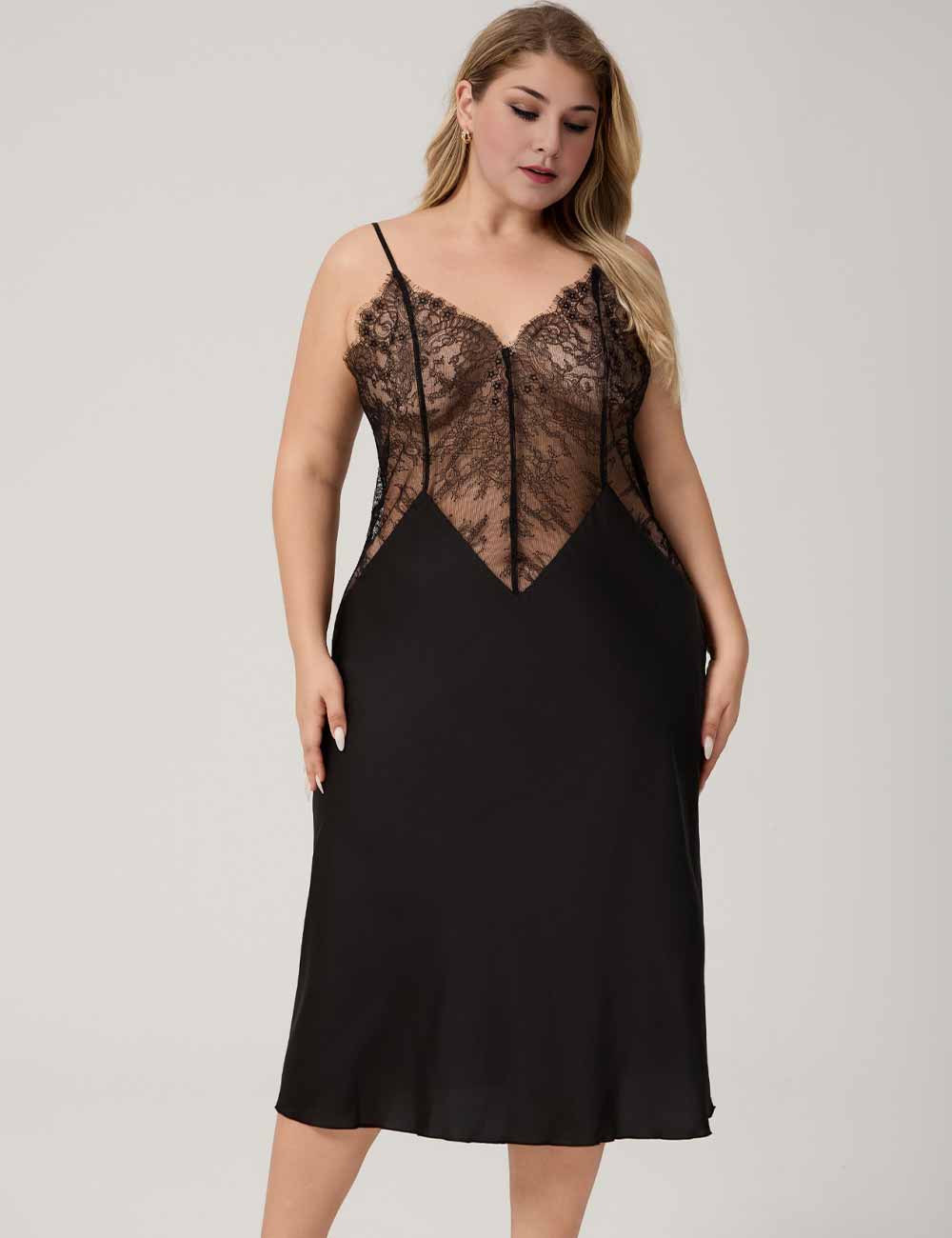 Women Plus Size Black Satin Lace Trim Nightgown