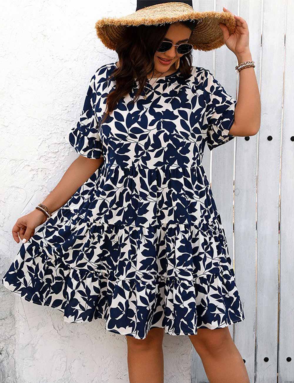 Plus Size Blue Leaf Print Ruffle Sleeve Dress