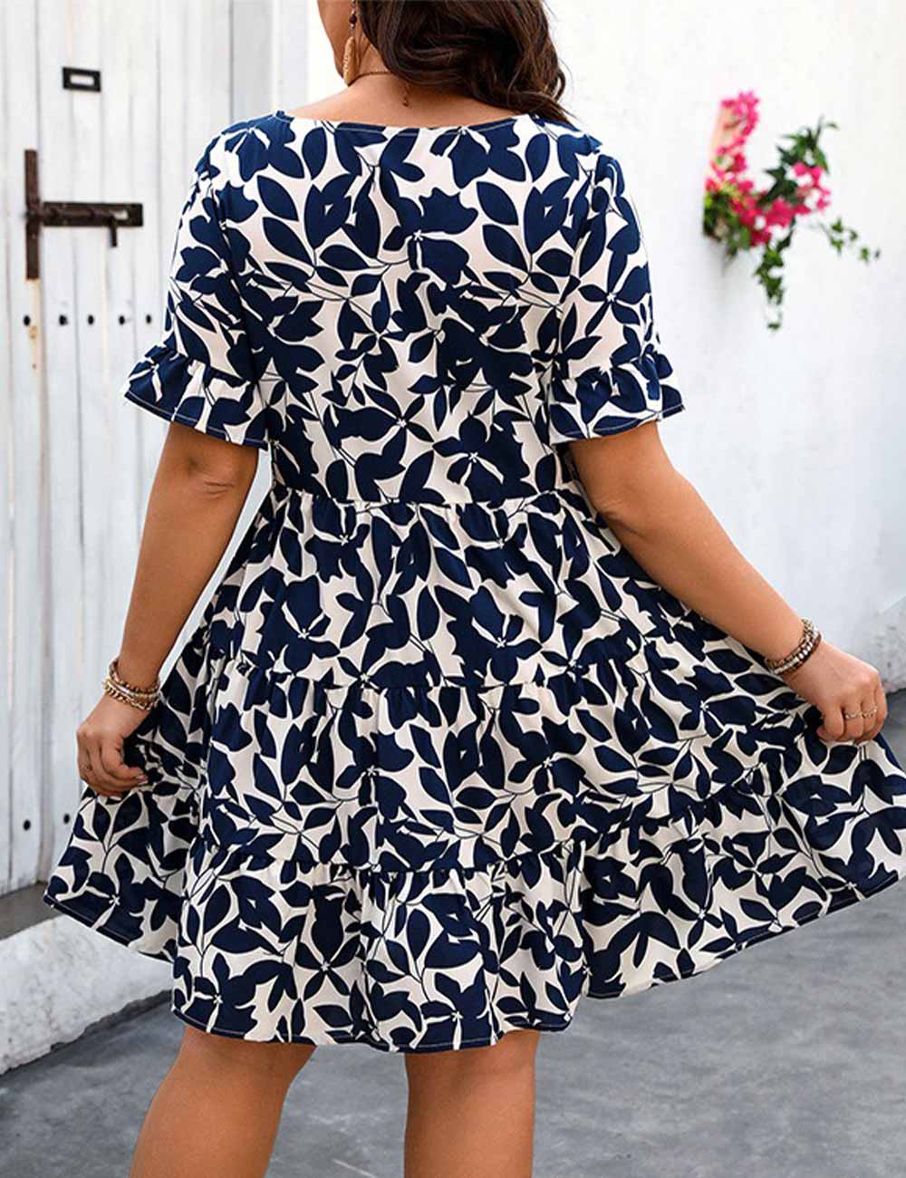 Plus Size Blue Leaf Print Ruffle Sleeve Dress Vacation Sundress