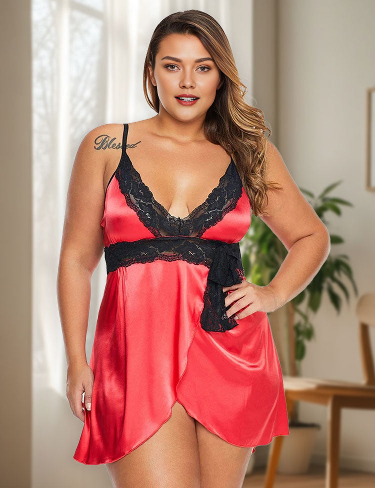 Women-Plus-Size-Sexy-V-Neck-Strap-Lace-Babydoll