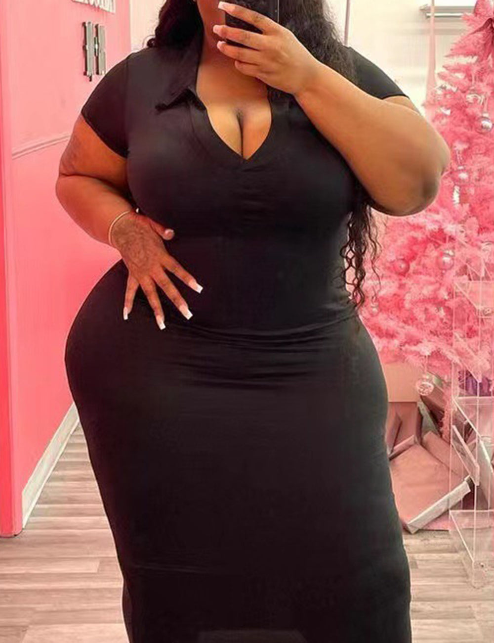 Women Plus Size Solid Color V Neck Casual Dress