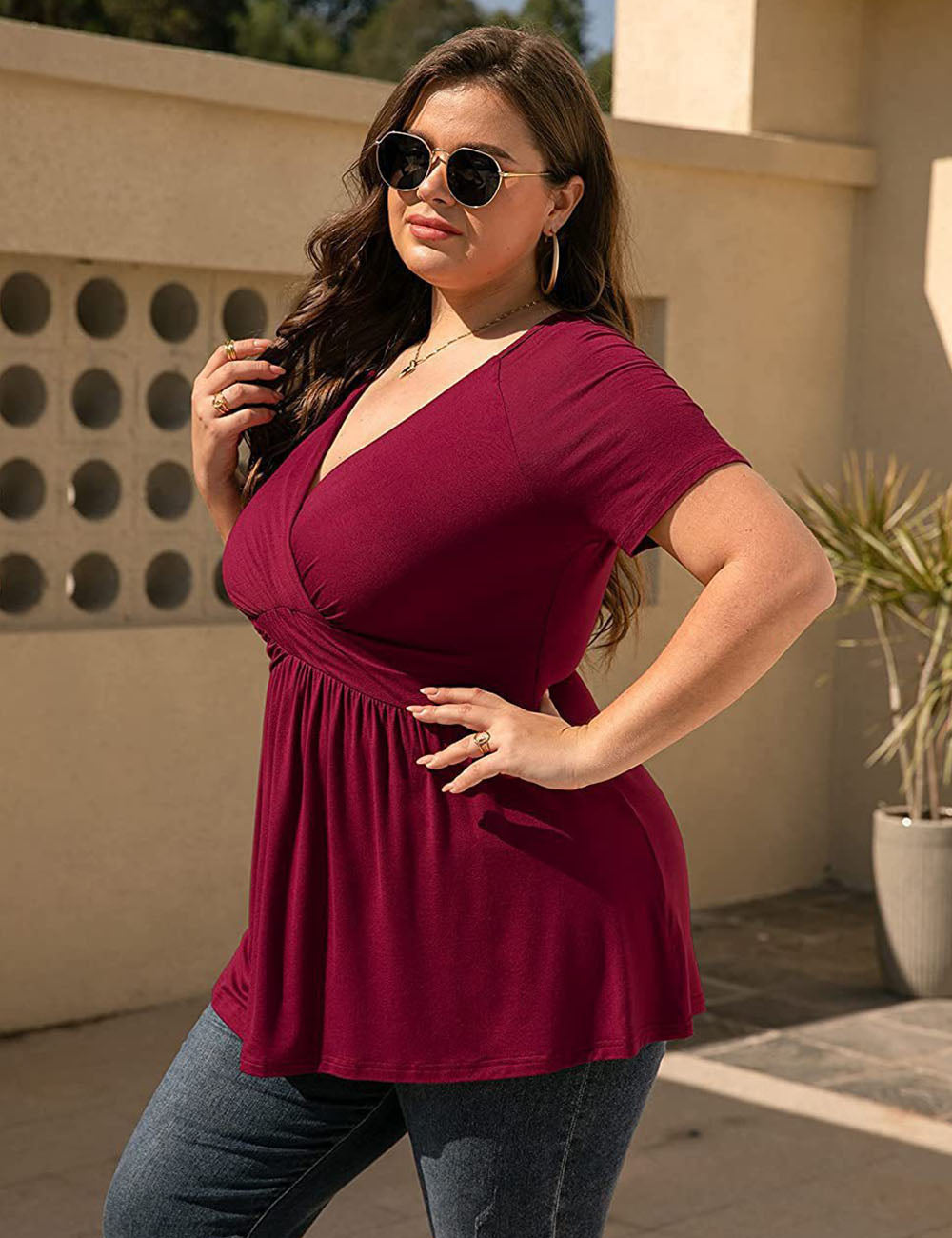 Women Plus Size V Neck Wrap Tunic Short Sleeve | PRUSES-1
