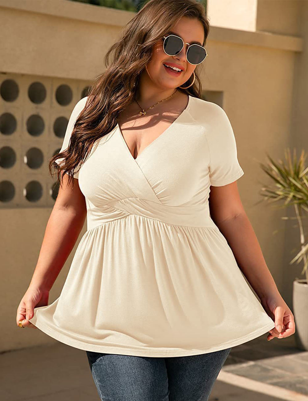 WomenPlusSizeVNeckWrapTunicShortSleevePRUSES_3