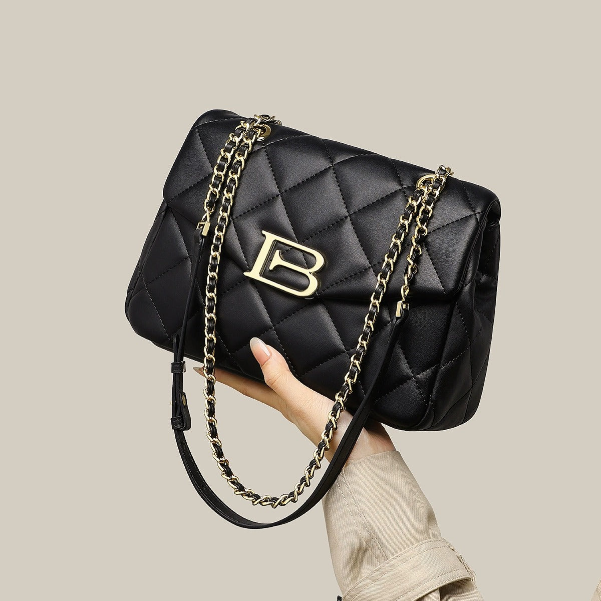 Women PRUSES Black Leather Qulited Shoulder Chain Bags