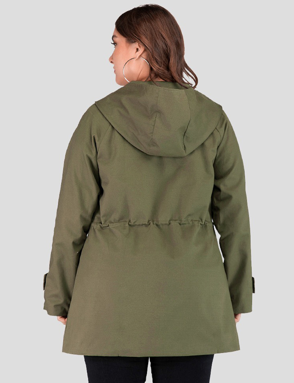 Women Plus Size Army Green Hooded Drawstring Trench Coat