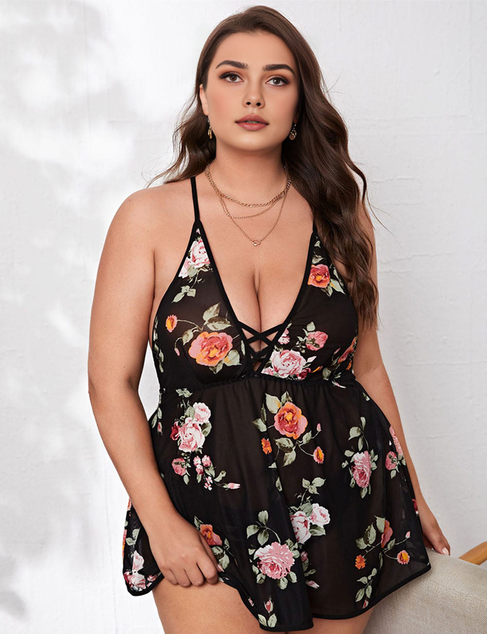 Women Plus Size Backless Mesh Floral Nightdress-2