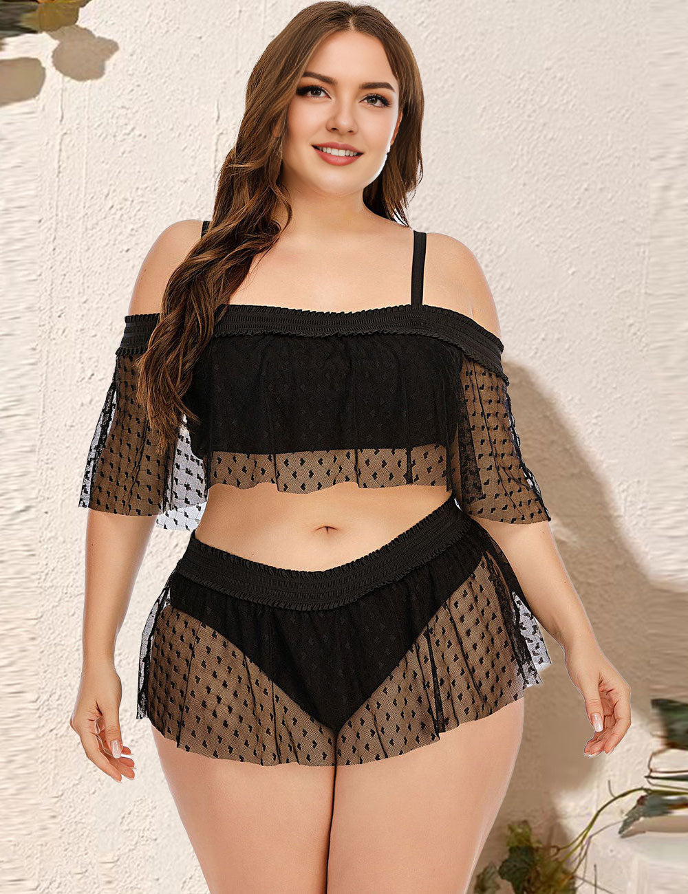 Women Plus Size Batwing Sleeve Two Piece Swimsuit-1