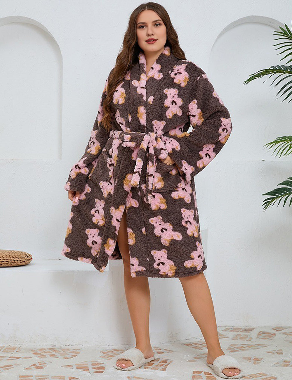 Women Plus Size Bear Pattern Flannel Robe