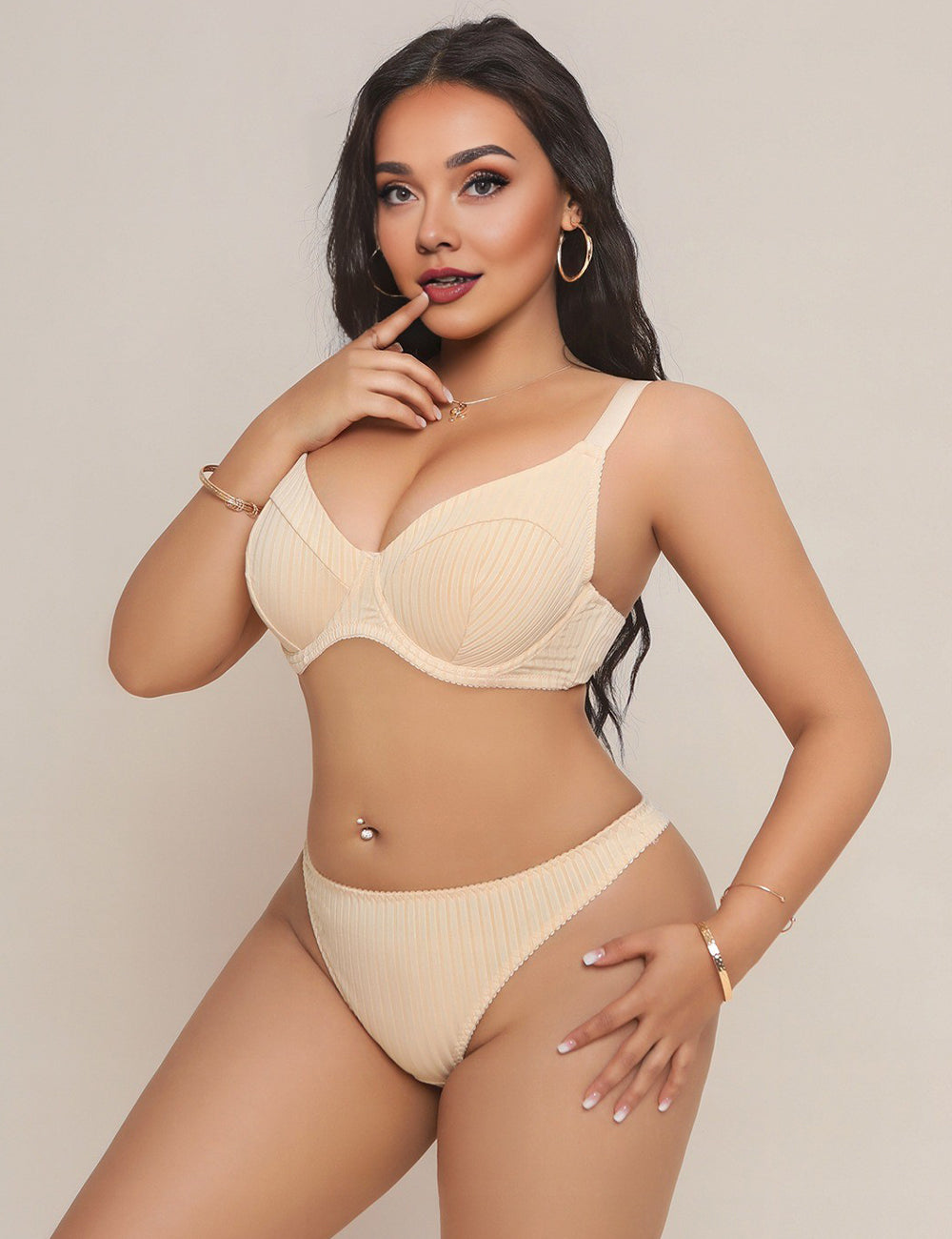 Women Plus Size Beige Bra and Panty Set