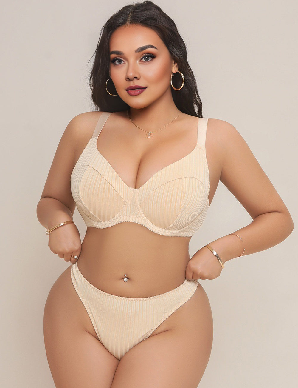 Women Plus Size Beige Bra and Panty Set