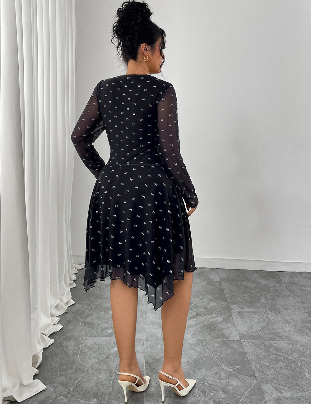 Women Plus Size Black Bow Print Chiffon A-Line Dress